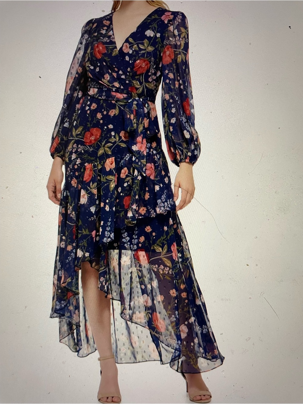 Eliza J Navy Floral Long Sleeve Tiered Midi Dress